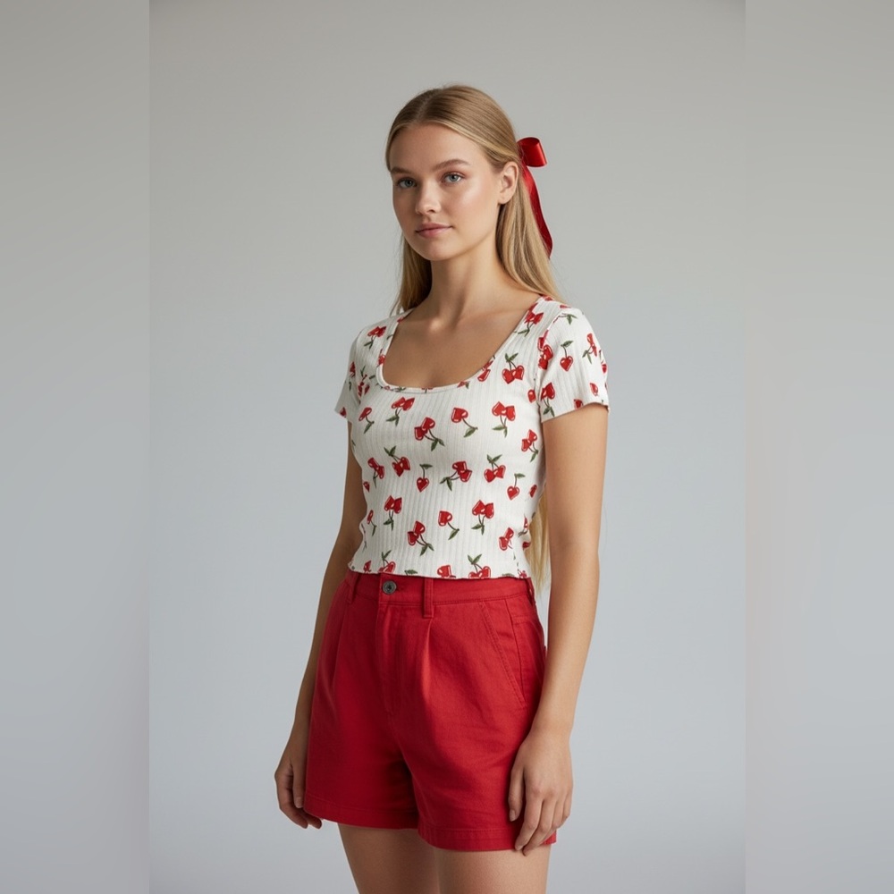 Cherry Print White Red Patterned‎ Women's Small Ribbed Crop Top
